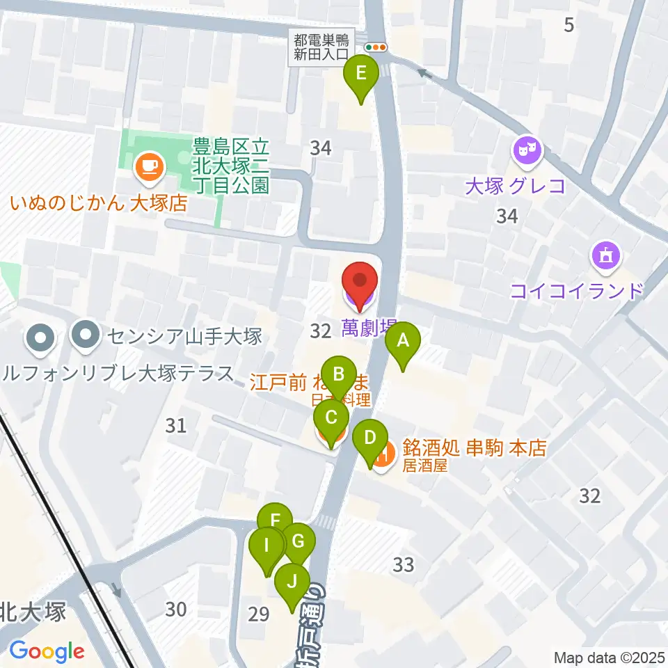 萬劇場周辺のファミレス・ファーストフード一覧地図