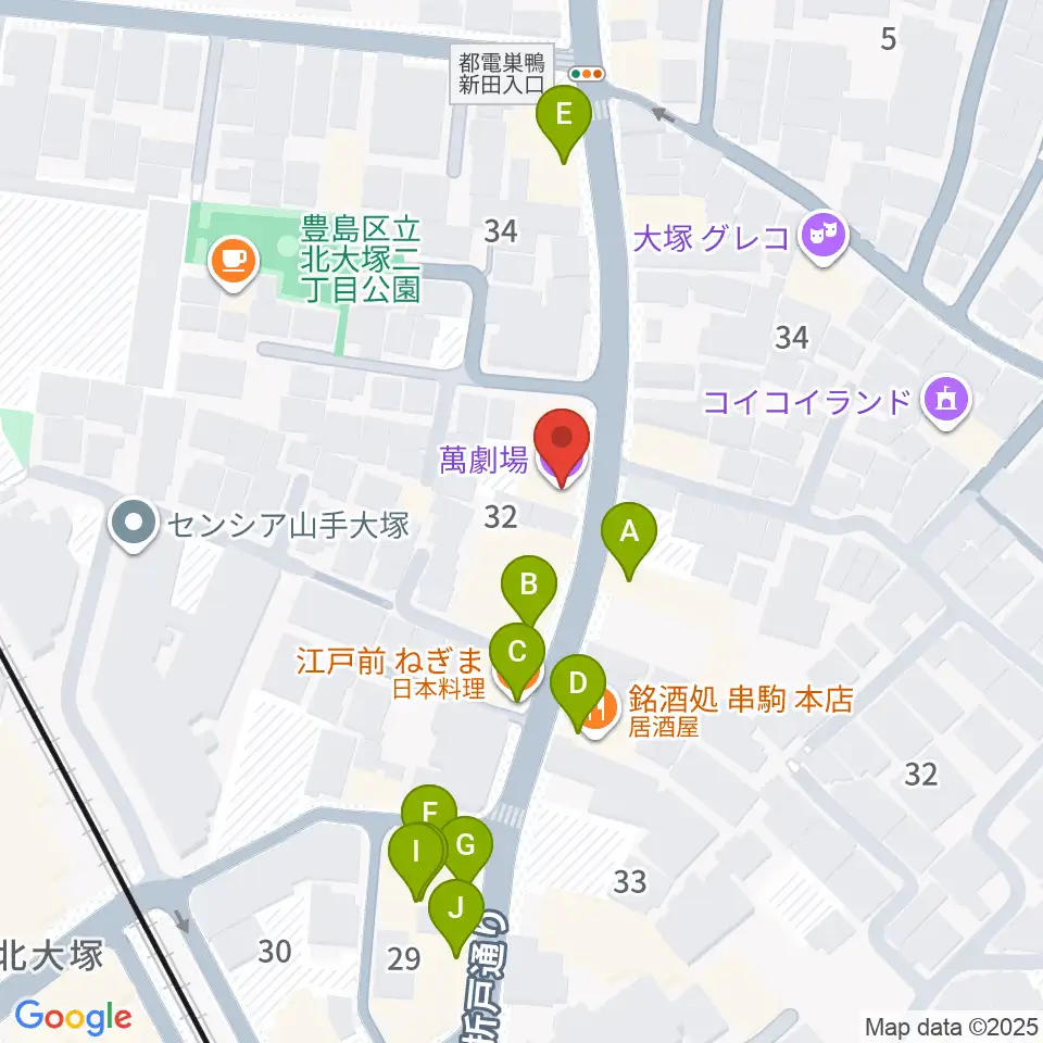 萬劇場周辺のファミレス・ファーストフード一覧地図