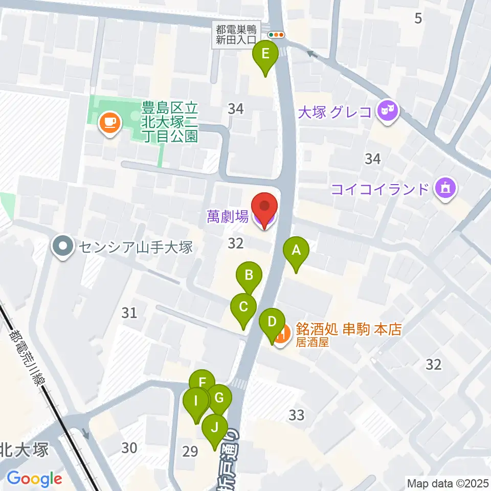 萬劇場周辺のファミレス・ファーストフード一覧地図