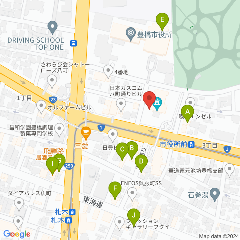 豊橋市公会堂周辺のファミレス・ファーストフード一覧地図