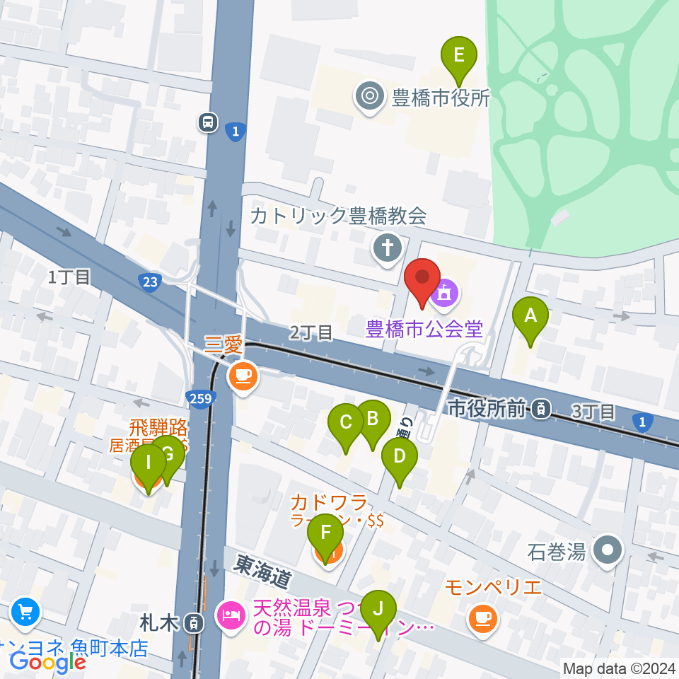 豊橋市公会堂周辺のファミレス・ファーストフード一覧地図