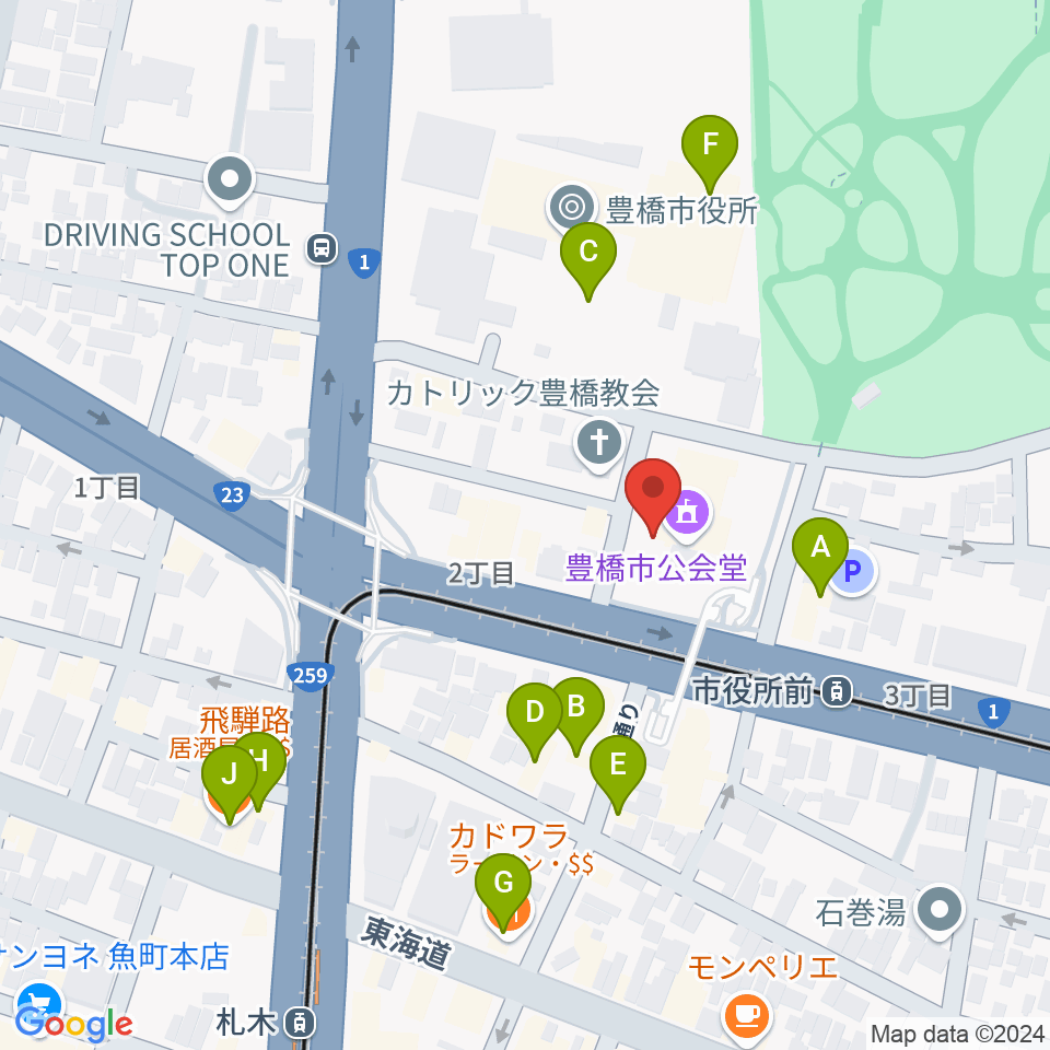 豊橋市公会堂周辺のファミレス・ファーストフード一覧地図