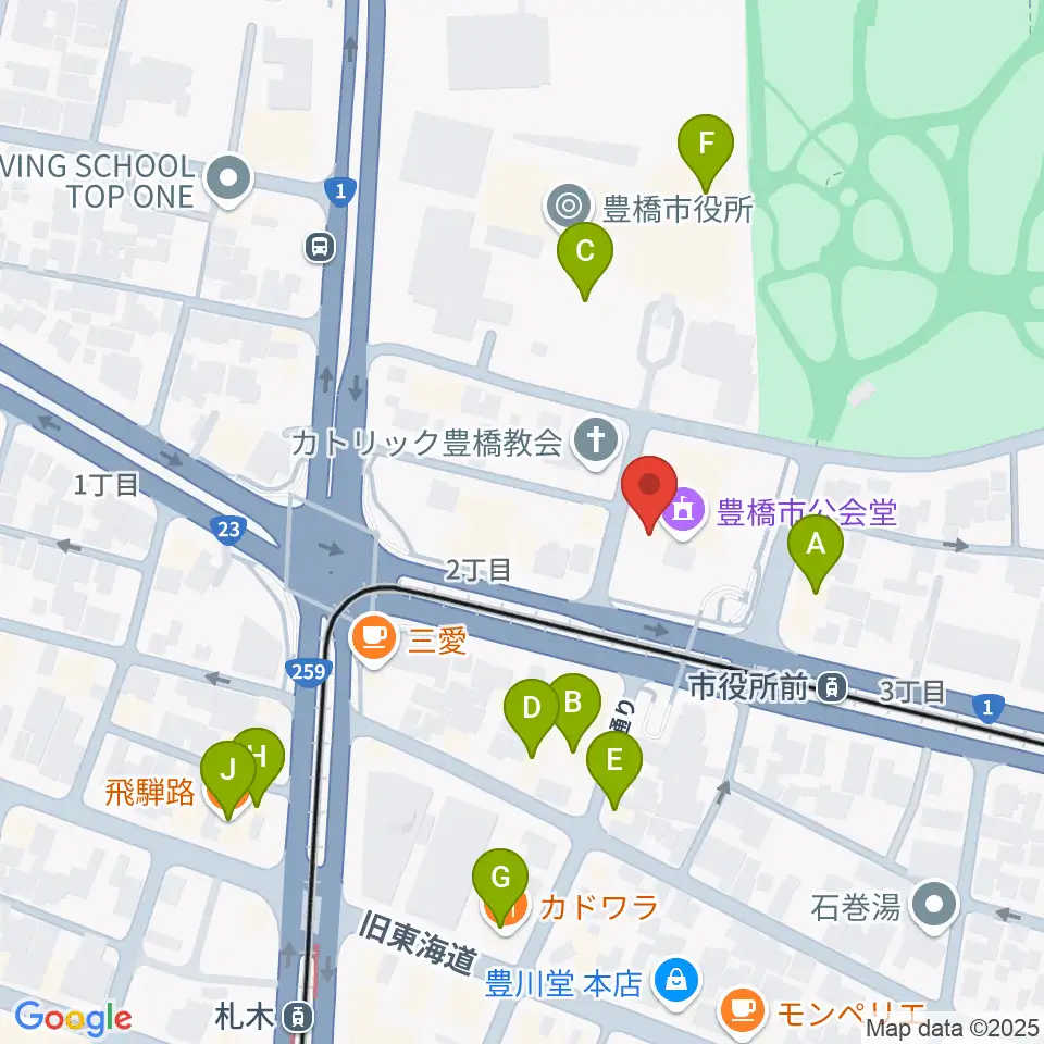豊橋市公会堂周辺のファミレス・ファーストフード一覧地図