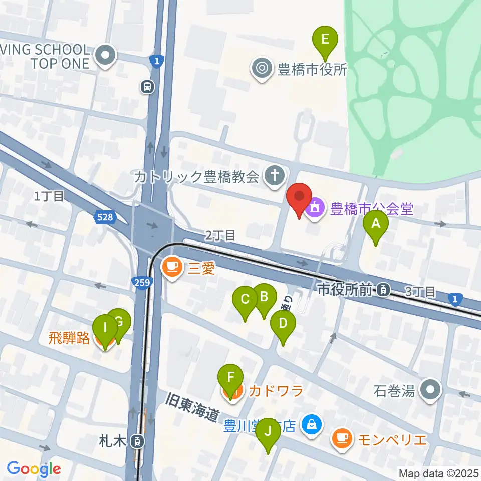 豊橋市公会堂周辺のファミレス・ファーストフード一覧地図