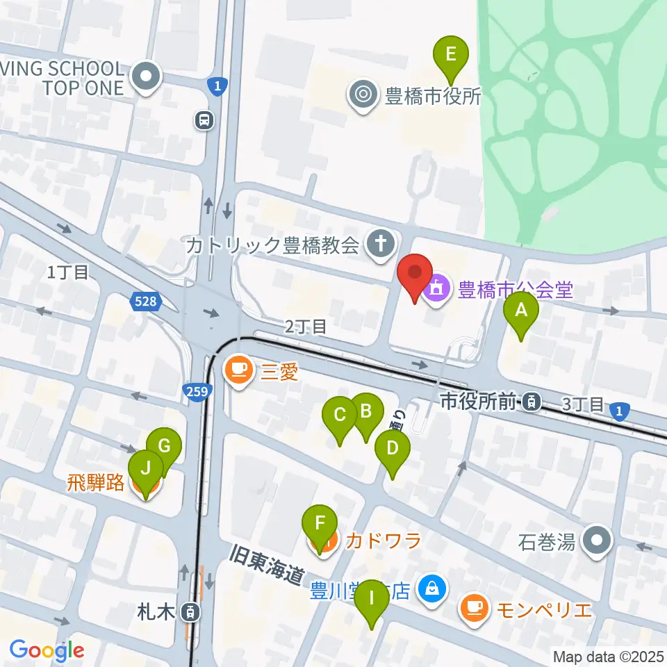 豊橋市公会堂周辺のファミレス・ファーストフード一覧地図