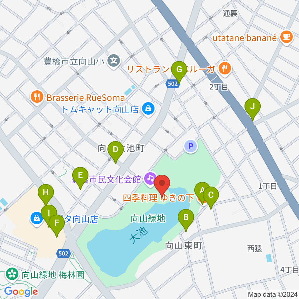 豊橋市民文化会館周辺のファミレス・ファーストフード一覧地図