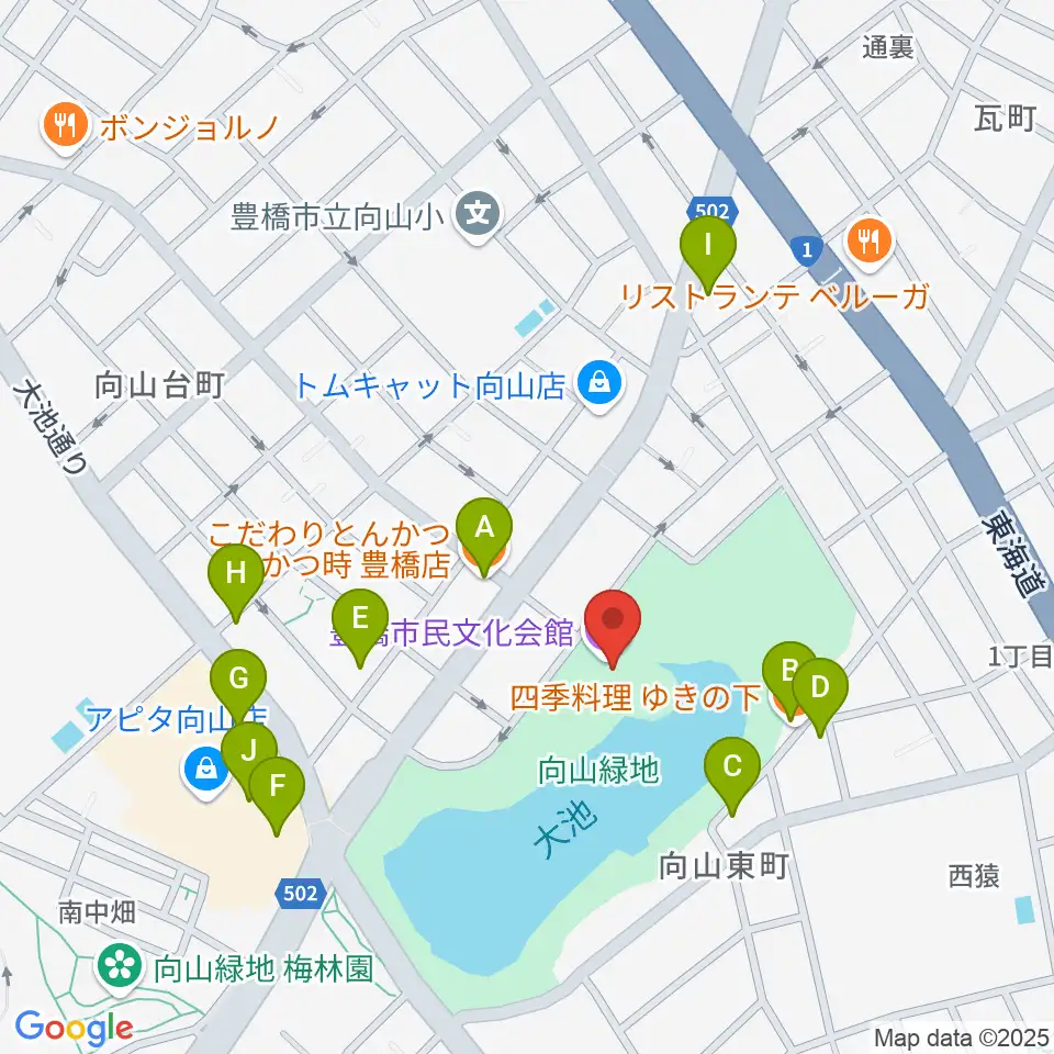 豊橋市民文化会館周辺のファミレス・ファーストフード一覧地図