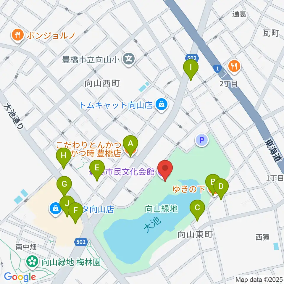 豊橋市民文化会館周辺のファミレス・ファーストフード一覧地図