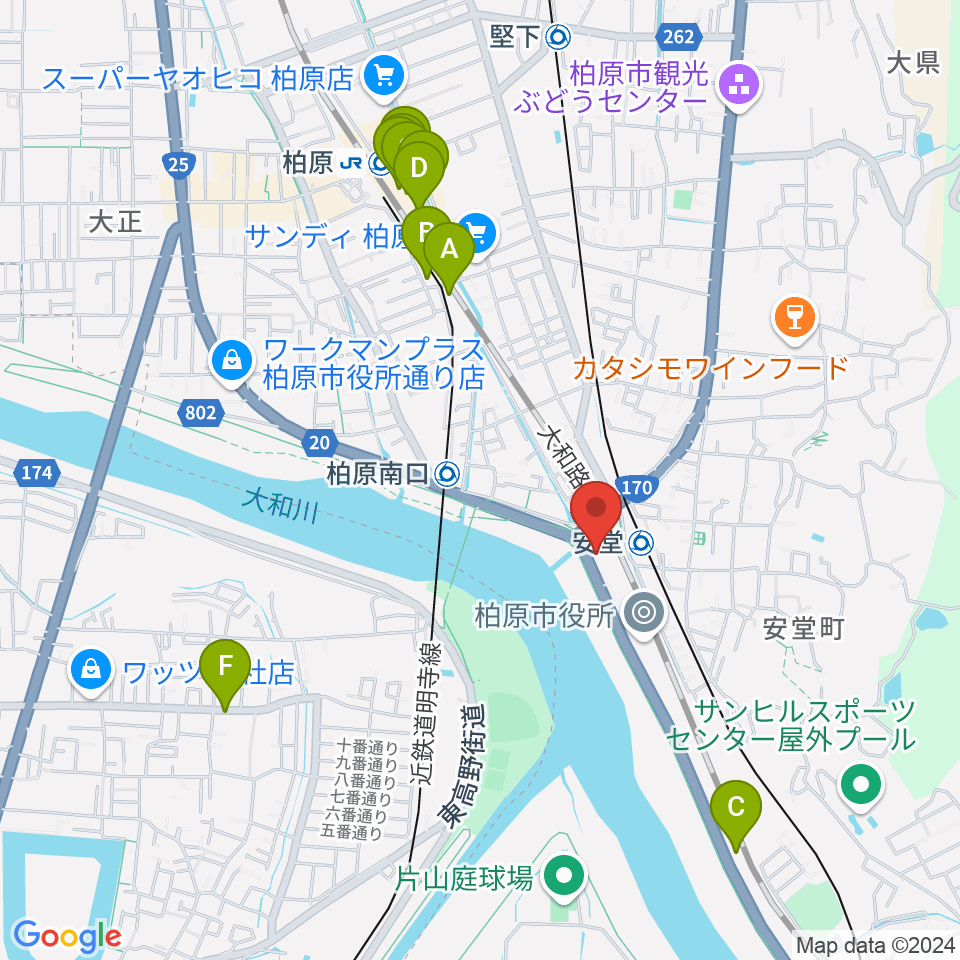 リビエールホール 柏原市民文化会館周辺のファミレス・ファーストフード一覧地図