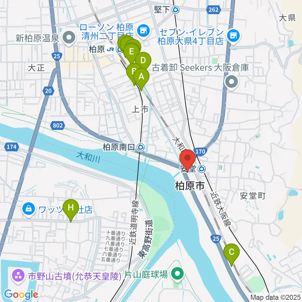 リビエールホール 柏原市民文化会館周辺のファミレス・ファーストフード一覧地図