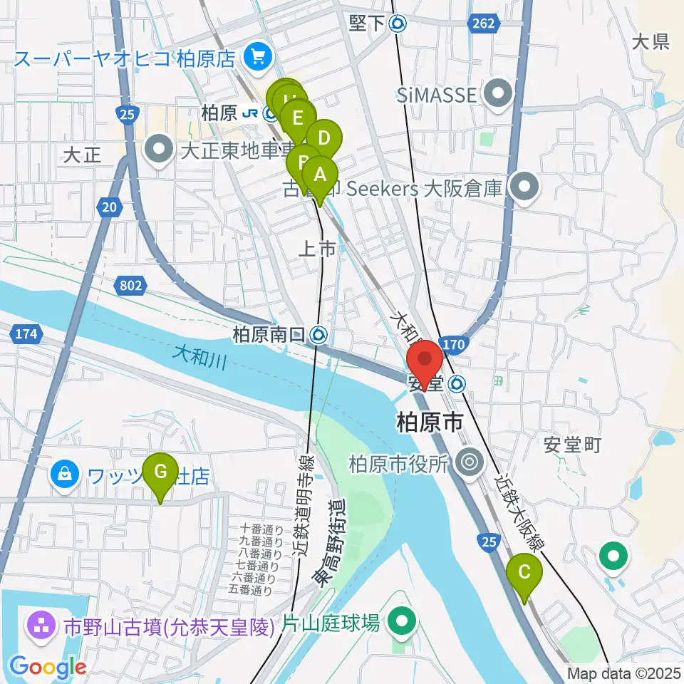 リビエールホール 柏原市民文化会館周辺のファミレス・ファーストフード一覧地図