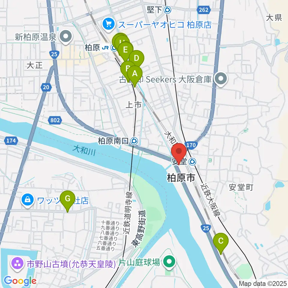 リビエールホール 柏原市民文化会館周辺のファミレス・ファーストフード一覧地図