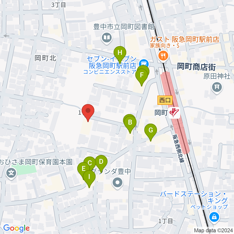 豊中市立伝統芸能館周辺のファミレス・ファーストフード一覧地図