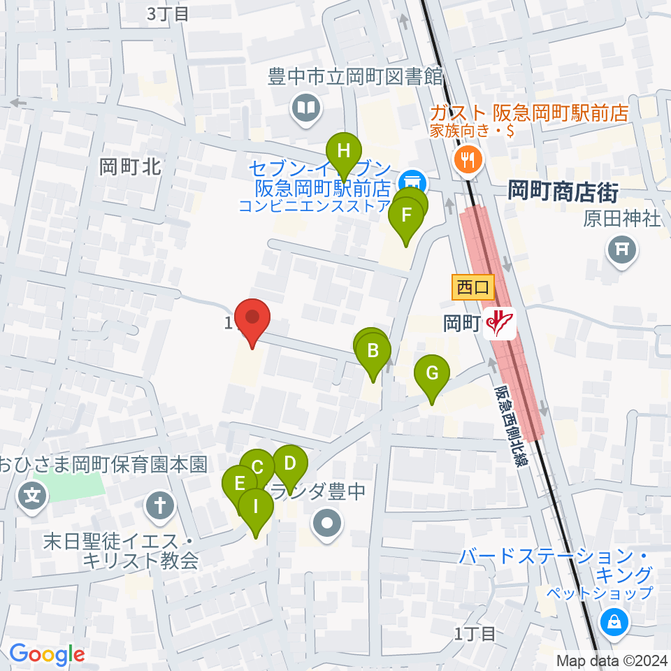 豊中市立伝統芸能館周辺のファミレス・ファーストフード一覧地図