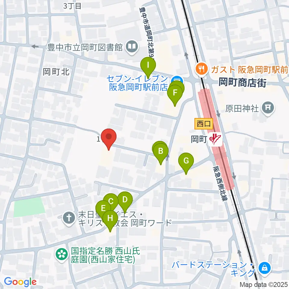 豊中市立伝統芸能館周辺のファミレス・ファーストフード一覧地図