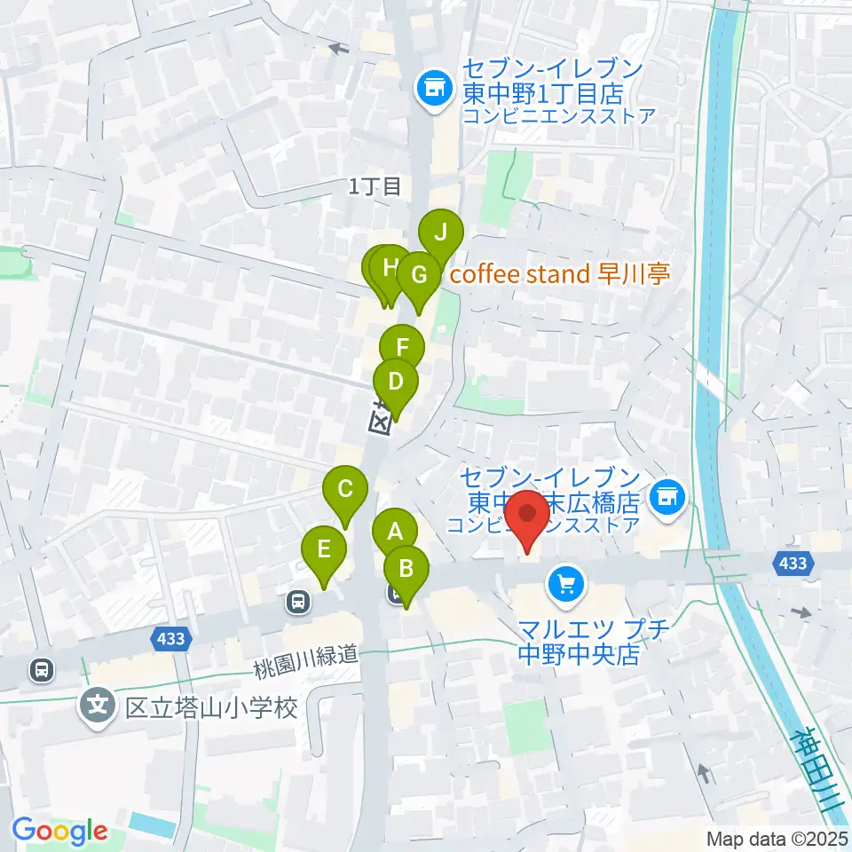 レパートリーシアターKAZE周辺のファミレス・ファーストフード一覧地図