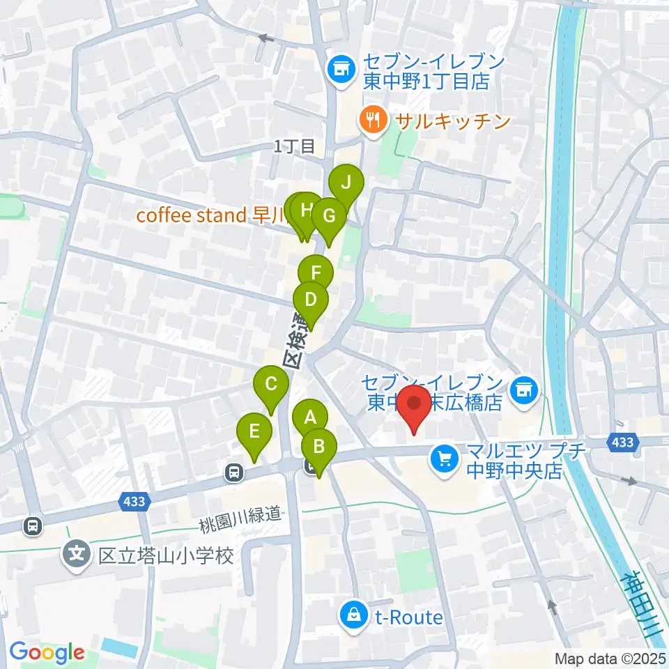 レパートリーシアターKAZE周辺のファミレス・ファーストフード一覧地図