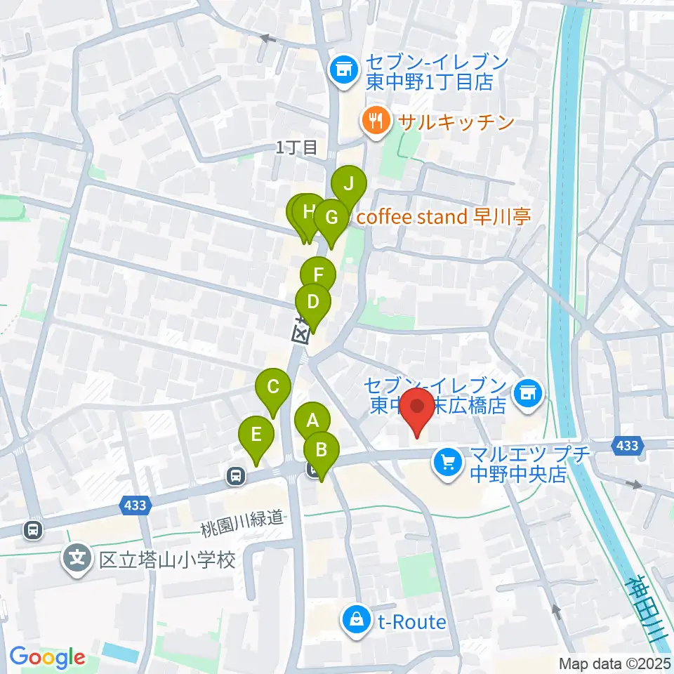 レパートリーシアターKAZE周辺のファミレス・ファーストフード一覧地図