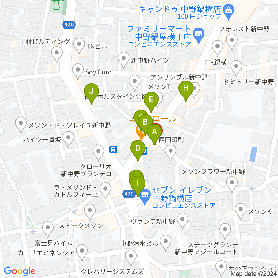 新中野ワニズホール周辺のファミレス・ファーストフード一覧地図