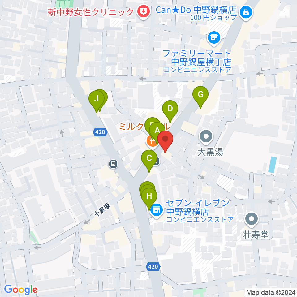 新中野ワニズホール周辺のファミレス・ファーストフード一覧地図