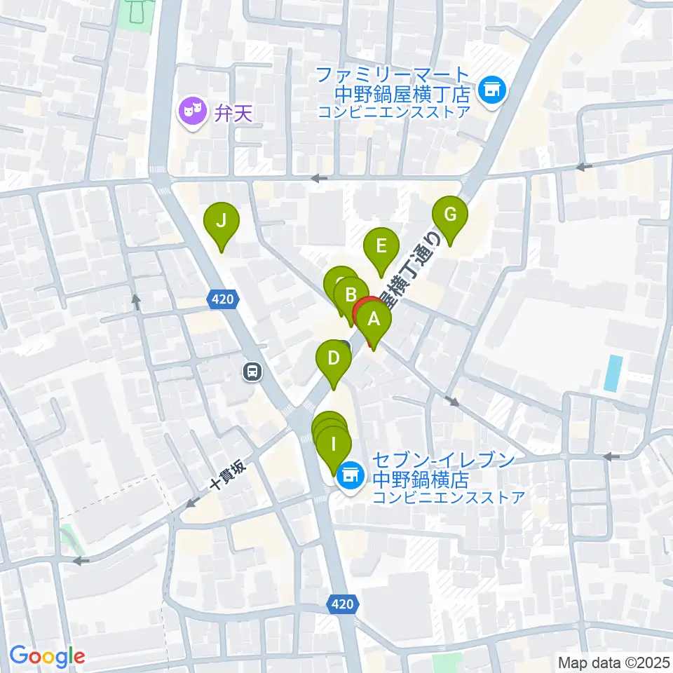 新中野ワニズホール周辺のファミレス・ファーストフード一覧地図