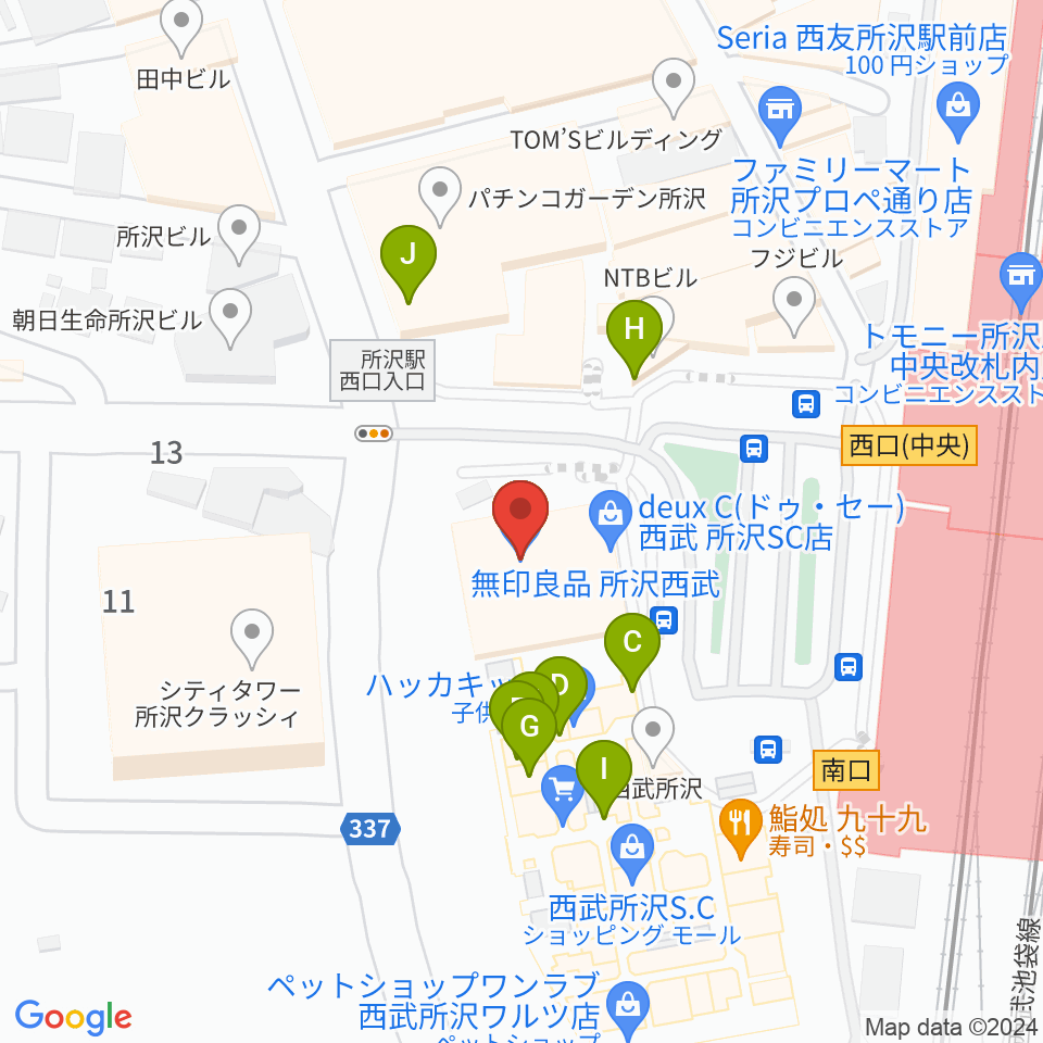 所沢YTJホール周辺のファミレス・ファーストフード一覧地図