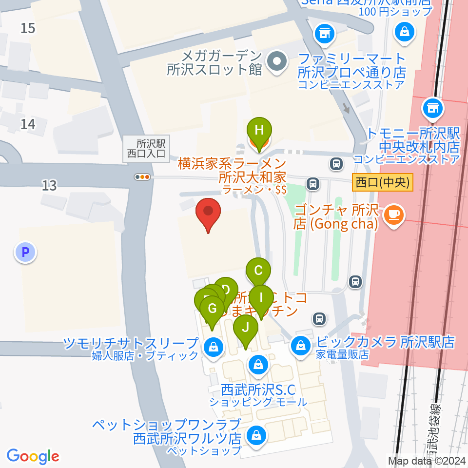 所沢YTJホール周辺のファミレス・ファーストフード一覧地図