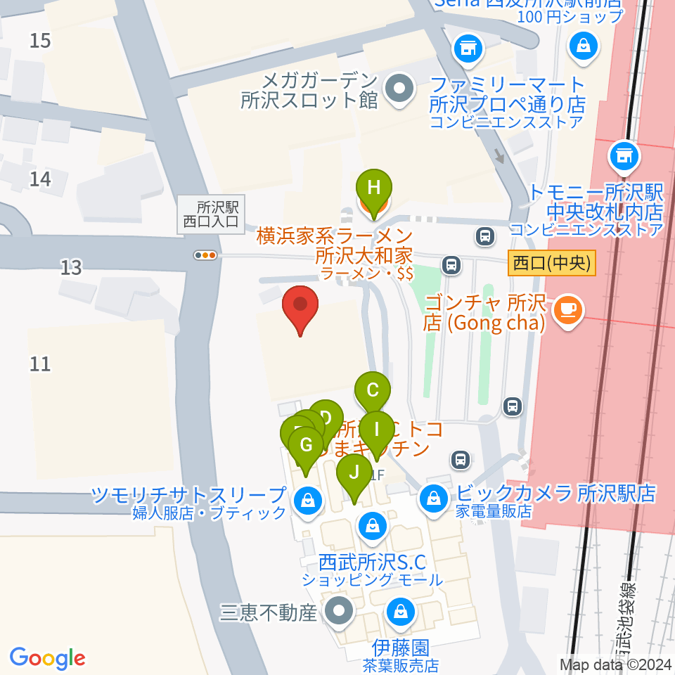 所沢YTJホール周辺のファミレス・ファーストフード一覧地図