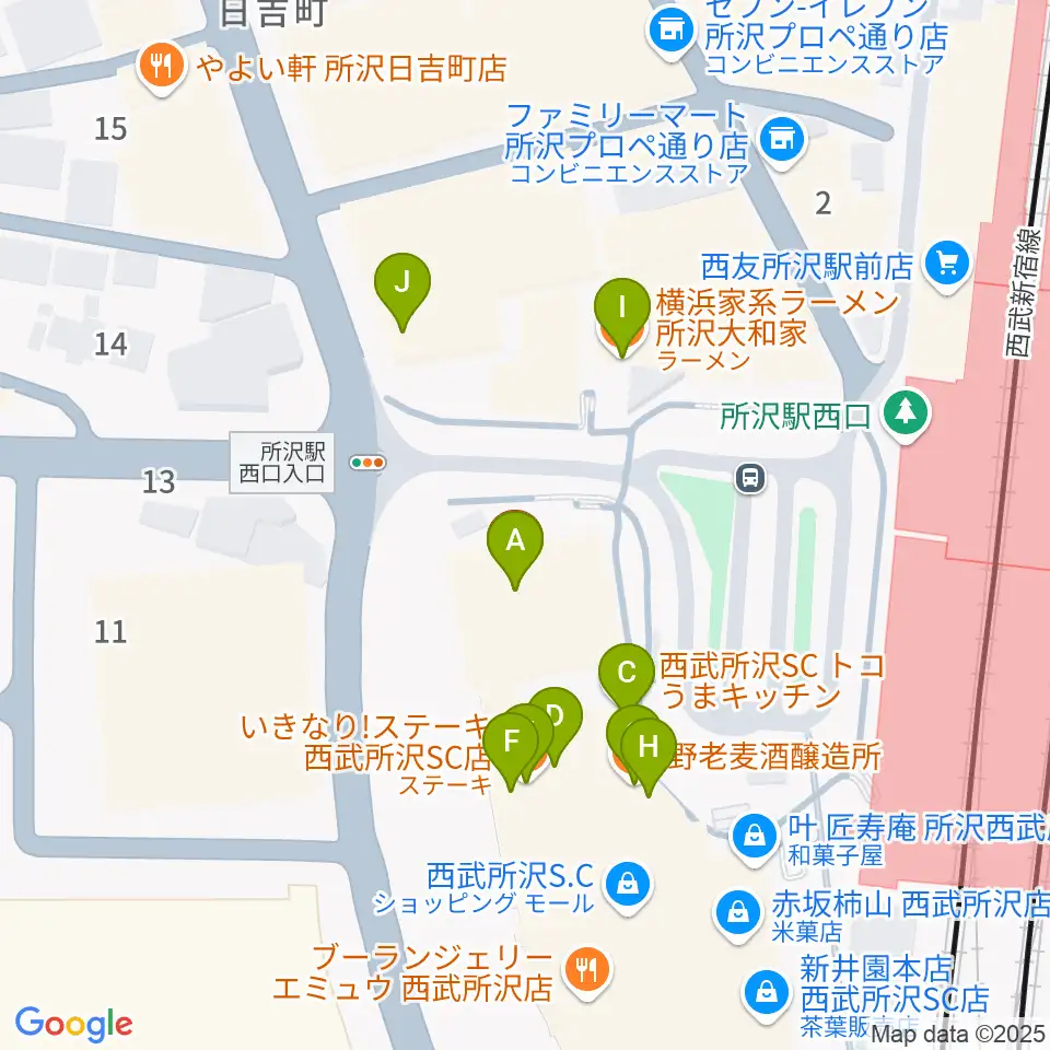 所沢YTJホール周辺のファミレス・ファーストフード一覧地図