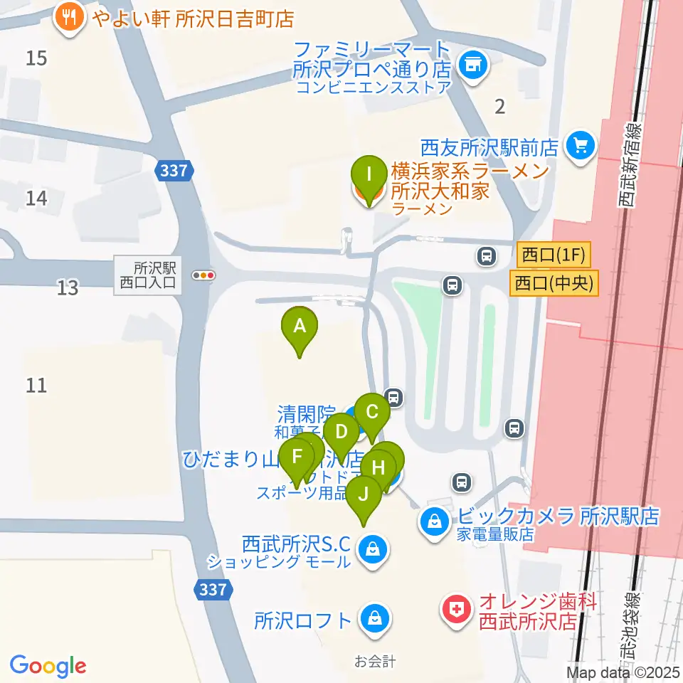 所沢YTJホール周辺のファミレス・ファーストフード一覧地図