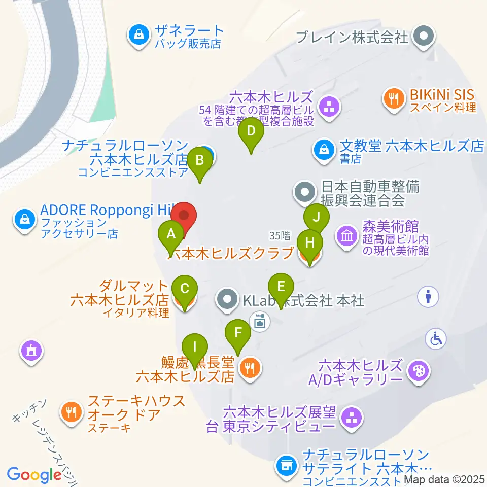 六本木アカデミーヒルズ周辺のファミレス・ファーストフード一覧地図