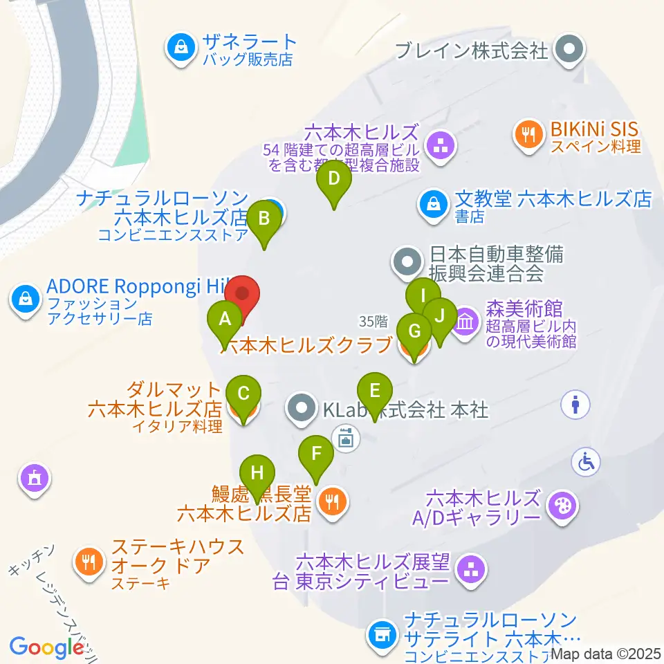 六本木アカデミーヒルズ周辺のファミレス・ファーストフード一覧地図