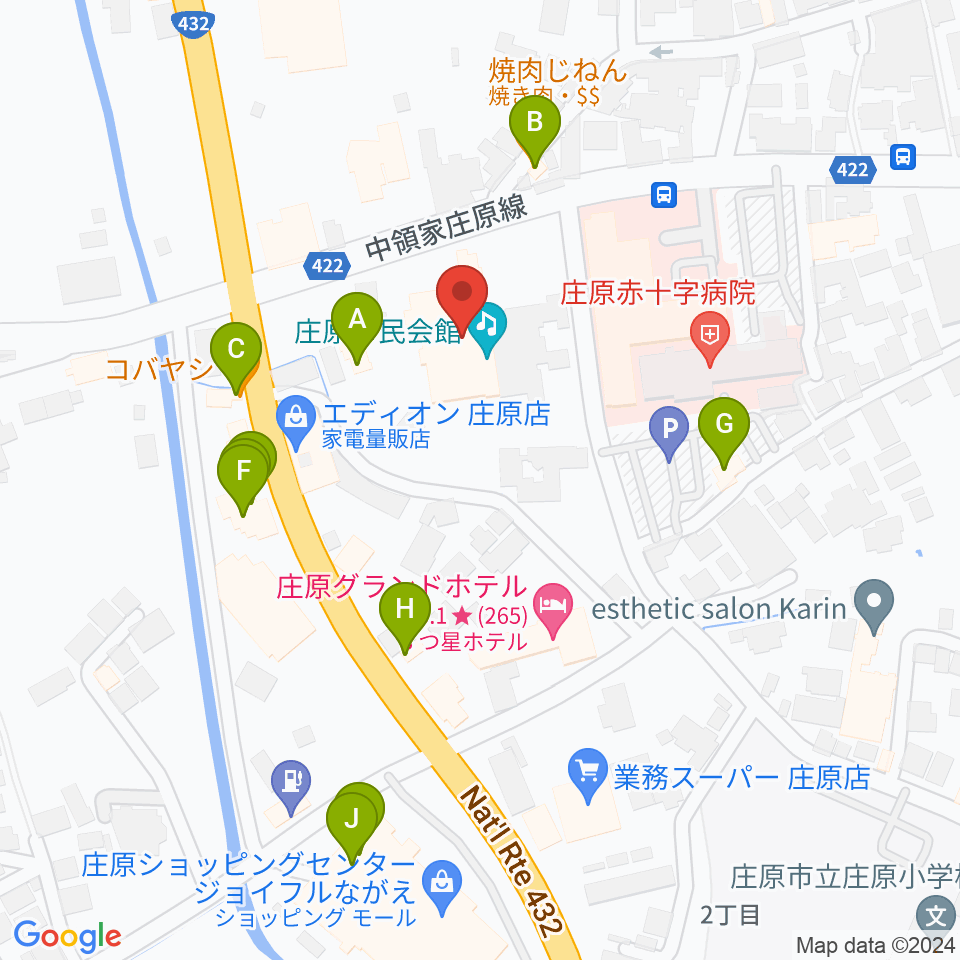 庄原市民会館周辺のファミレス・ファーストフード一覧地図