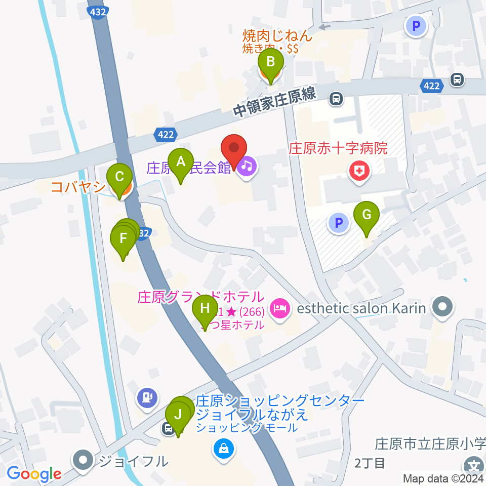 庄原市民会館周辺のファミレス・ファーストフード一覧地図