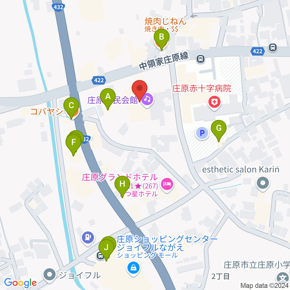 庄原市民会館周辺のファミレス・ファーストフード一覧地図