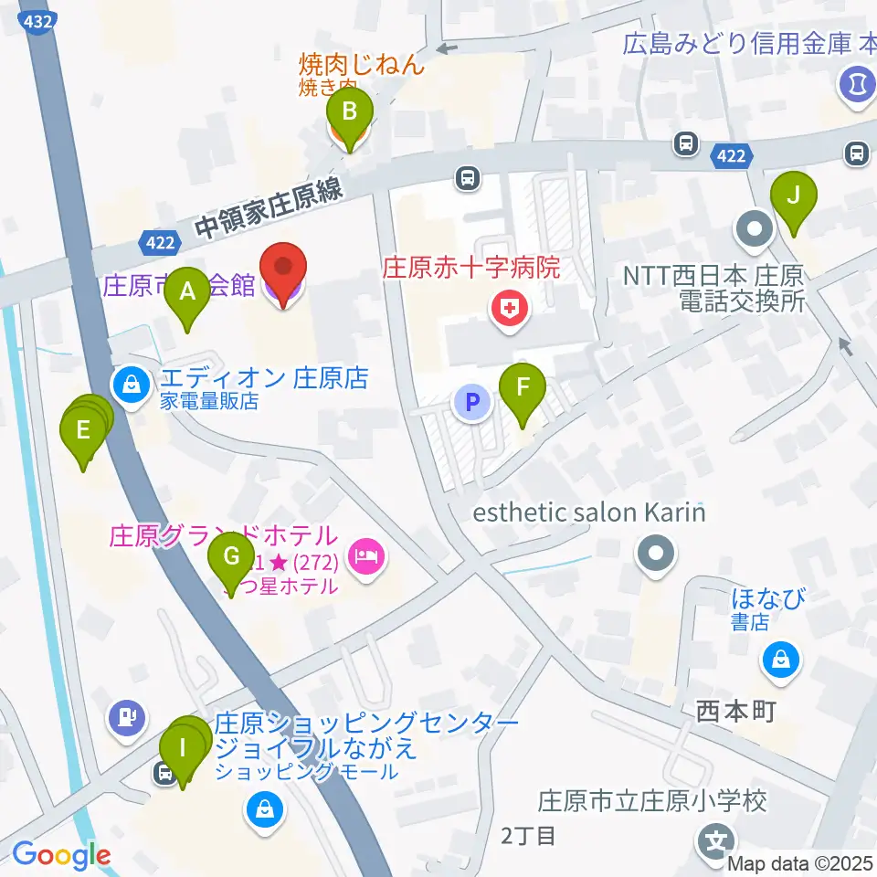 庄原市民会館周辺のファミレス・ファーストフード一覧地図