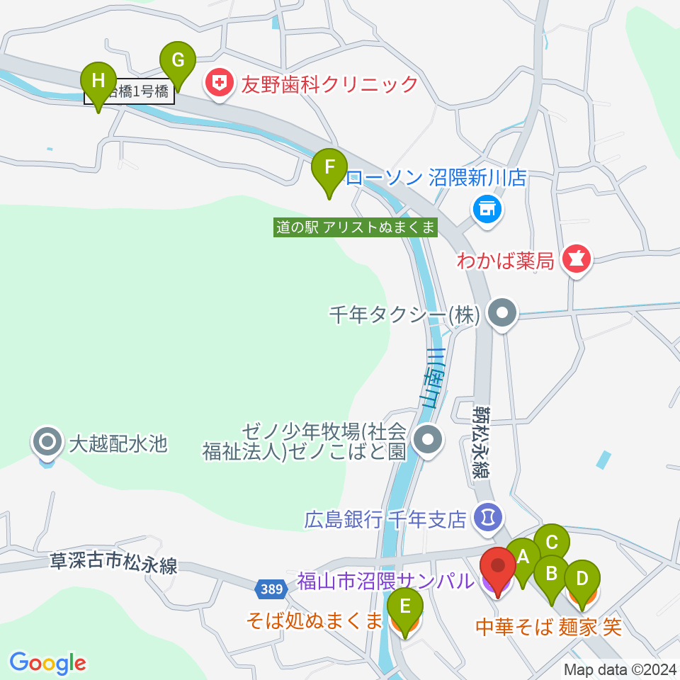 福山市沼隈サンパル周辺のファミレス・ファーストフード一覧地図