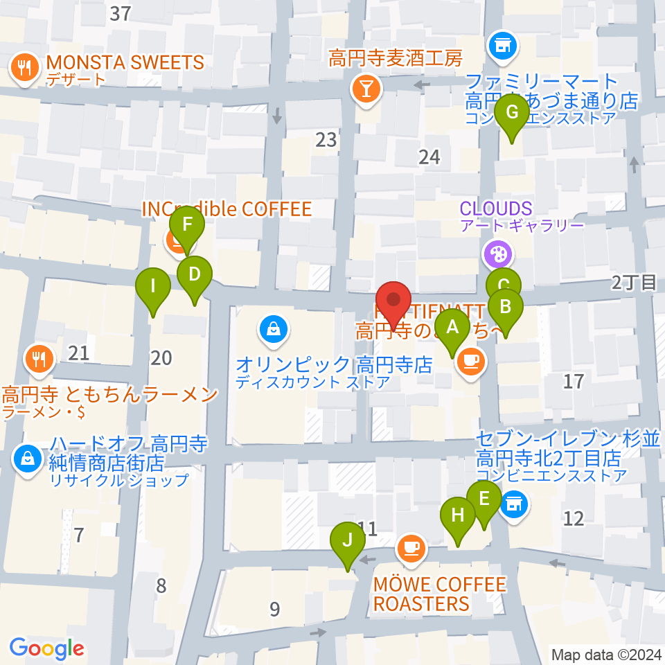 高円寺スタジオ・コヤーマ周辺のファミレス・ファーストフード一覧地図