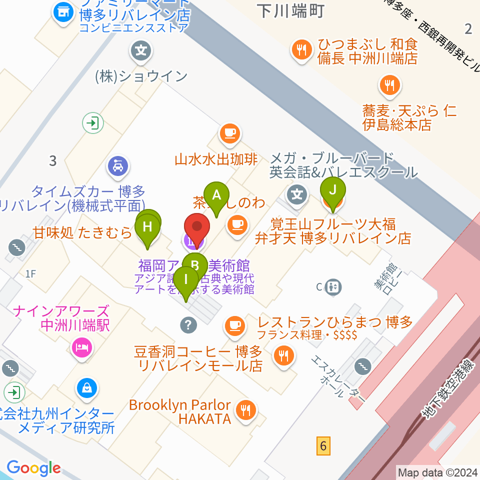 福岡アジア美術館周辺のファミレス・ファーストフード一覧地図