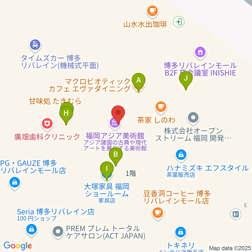 福岡アジア美術館周辺のファミレス・ファーストフード一覧地図