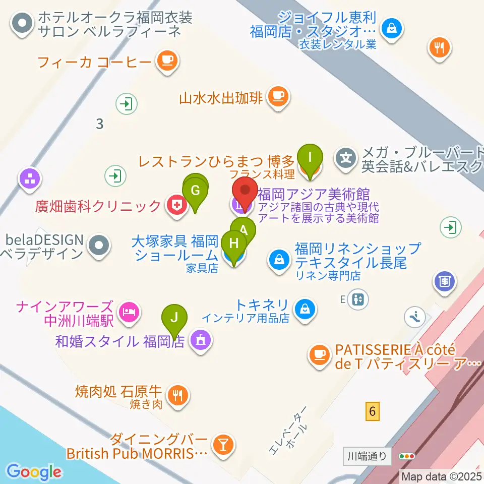 福岡アジア美術館周辺のファミレス・ファーストフード一覧地図