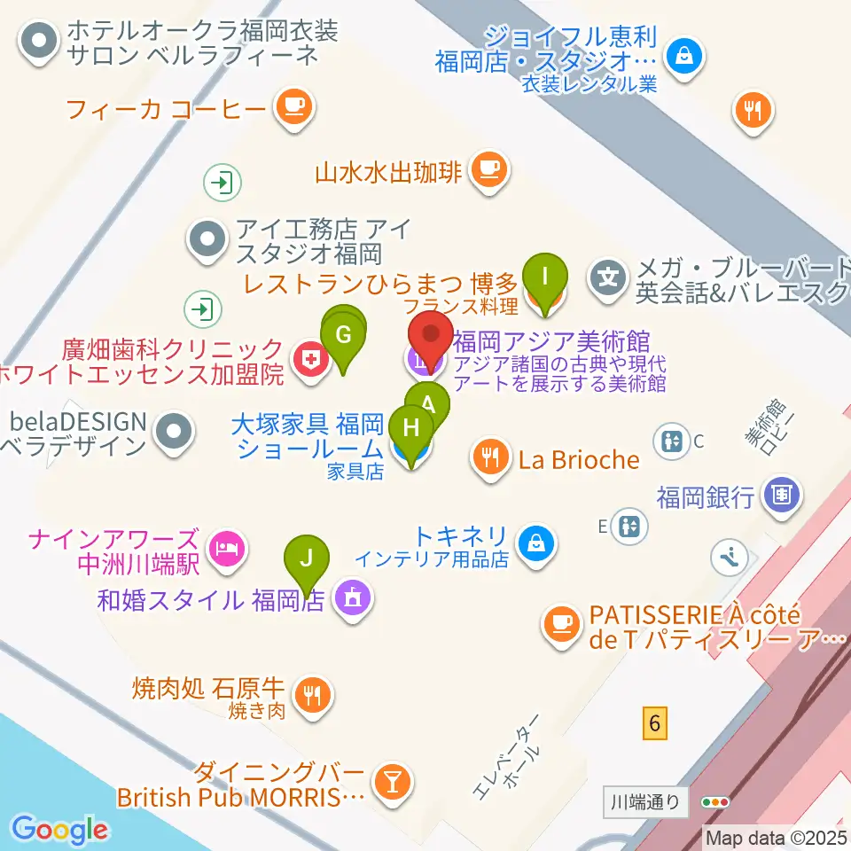 福岡アジア美術館周辺のファミレス・ファーストフード一覧地図