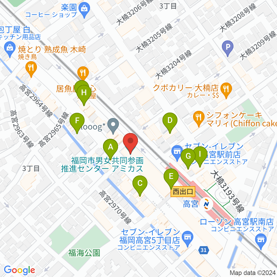 福岡市男女共同参画推進センター・アミカス周辺のファミレス・ファーストフード一覧地図