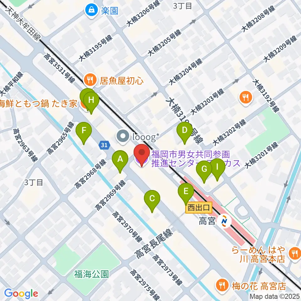 福岡市男女共同参画推進センター・アミカス周辺のファミレス・ファーストフード一覧地図