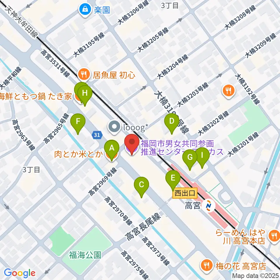 福岡市男女共同参画推進センター・アミカス周辺のファミレス・ファーストフード一覧地図