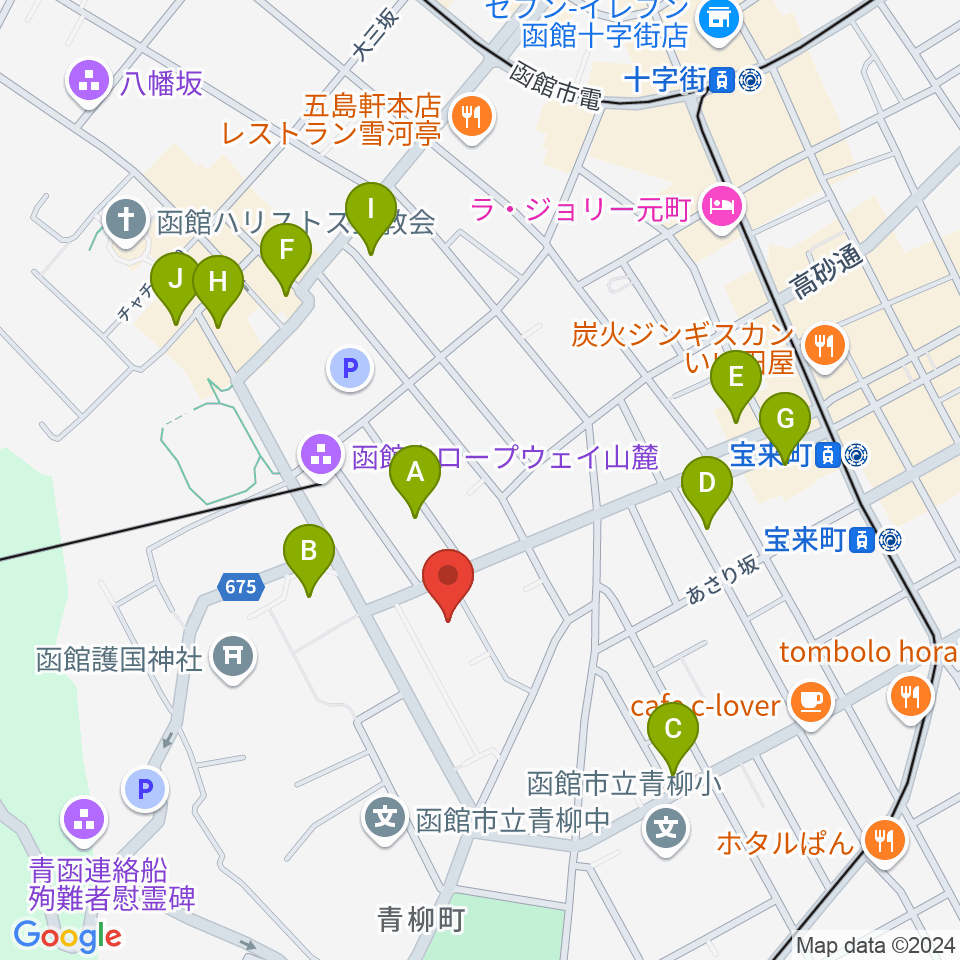 函館市公民館周辺のファミレス・ファーストフード一覧地図