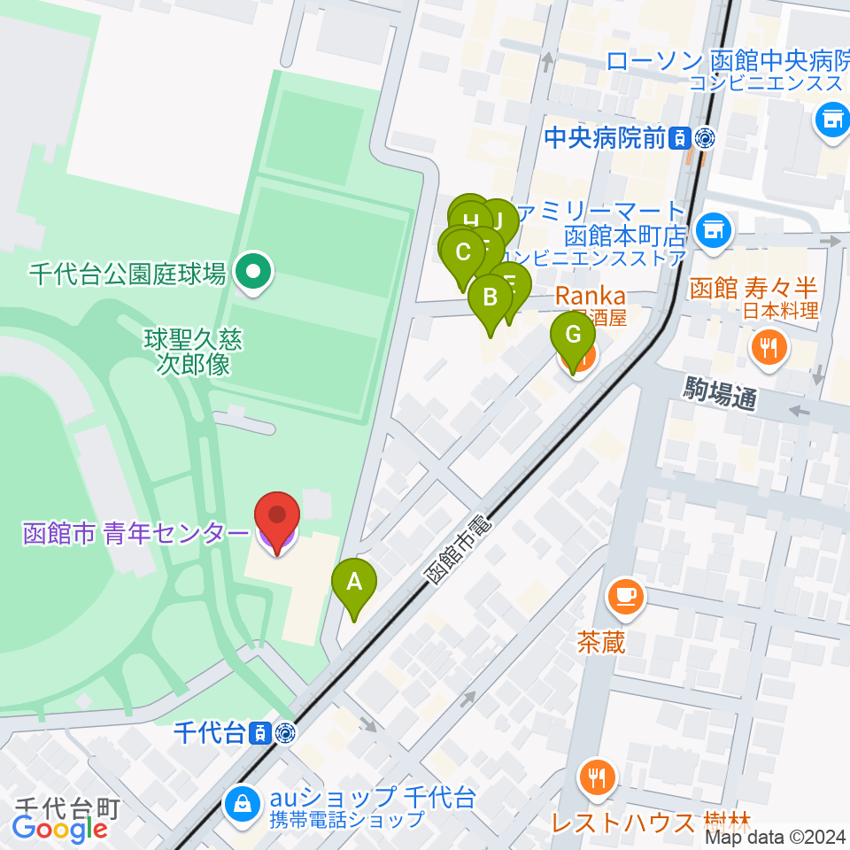 函館市青年センター周辺のファミレス・ファーストフード一覧地図