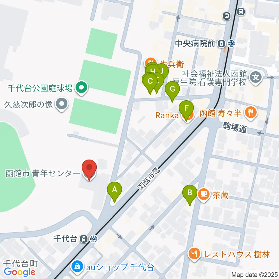 函館市青年センター周辺のファミレス・ファーストフード一覧地図