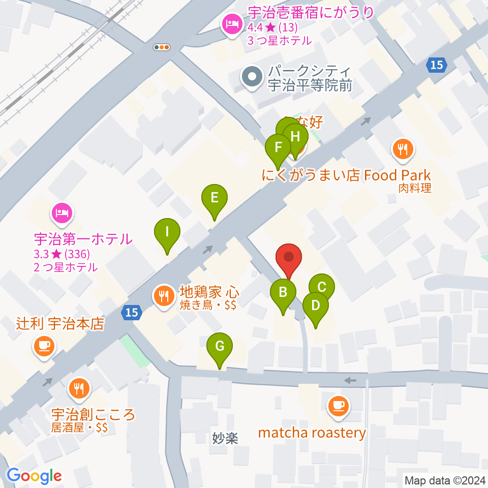 京都宇治coconi周辺のファミレス・ファーストフード一覧地図