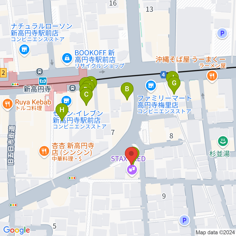 新高円寺カナデミア周辺のファミレス・ファーストフード一覧地図